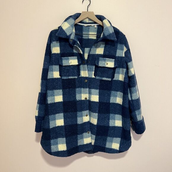 Soft Surroundings Dealto Jacket Sherpa Blue White Plaid Pockets Snap Front Sz L - Picture 1 of 8